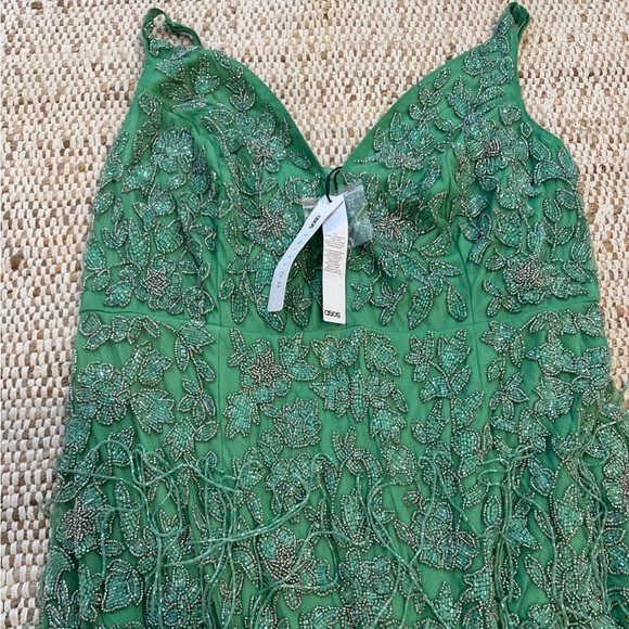 ASOS EDITION floral midi dress with beaded fringe in green SIZE 14 - Picture 8 of 11